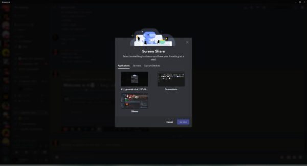 Screenshot of Discord showing different screen share sources. Screenshot of Discord showing different screen share sources.