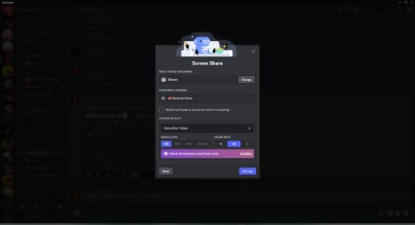 Screenshot of Discord showing various screen share settings. Screenshot of Discord showing various screen share settings.