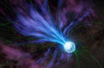 In an ejection that would have caused its rotation to slow, a magnetar is depicted losing material into space in this artist’s concept. The magnetar’s strong, twisted magnetic field lines (shown in green) can influence the flow of electrically charged material from the object, which is a type of neutron star.