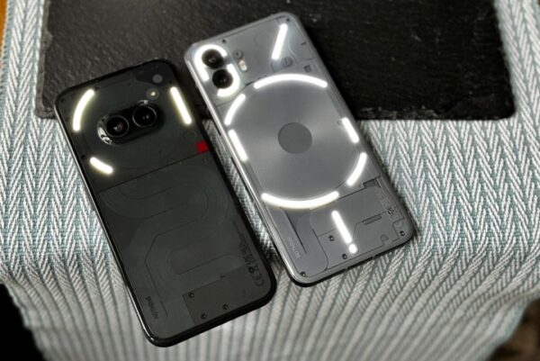 The Nothing Phone 2a and the Nothing Phone 2 with Glyph Lights active.