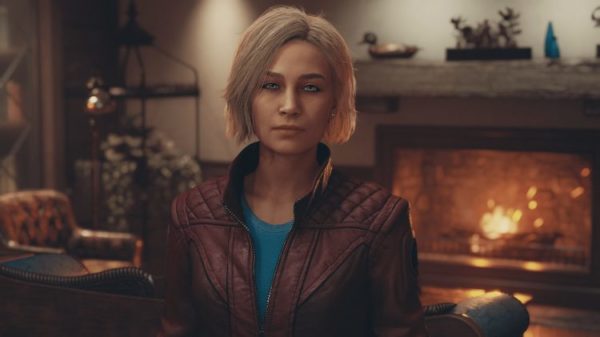 Sarah Morgan in the lodge looking at the player.