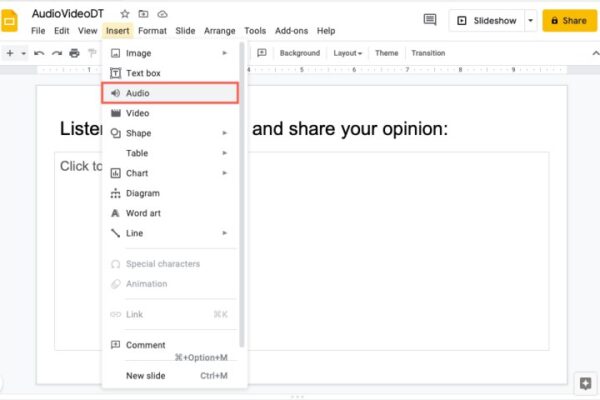 Audio in the Google Slides Insert menu.