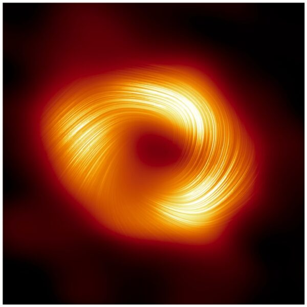 The Event Horizon Telescope (EHT) collaboration, who produced the first ever image of our Milky Way black hole released in 2022, has captured a new view of the massive object at the center of our Galaxy: how it looks in polarized light. This is the first time astronomers have been able to measure polarization, a signature of magnetic fields, this close to the edge of Sagittarius A*. This image shows the polarized view of the Milky Way black hole. The lines mark the orientation of polarization, which is related to the magnetic field around the shadow of the black hole.