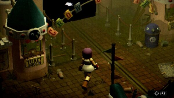Mara walks through an amusement park in Crow Country.