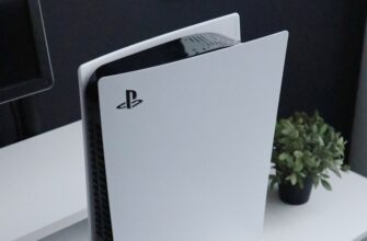 The Playstation 5 system standing upright.