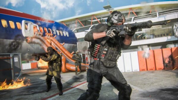 Soldiers battle in an abandoned airport.