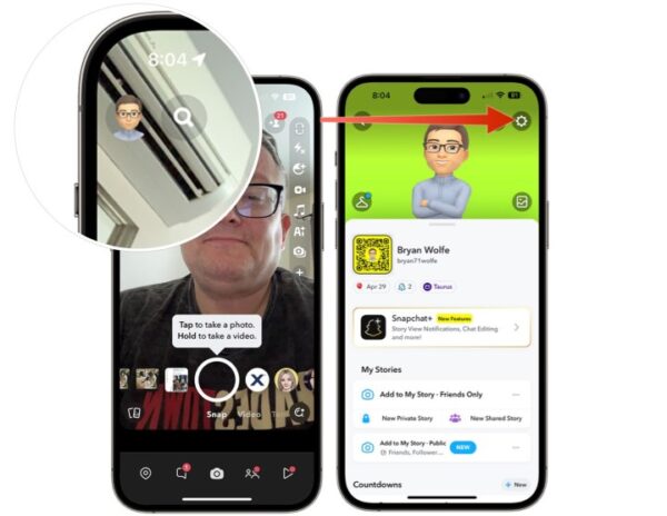 Screenshots showing how to open a Snapchat profile on the Snapchat app.