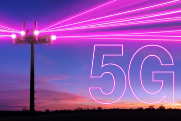 Cell phone tower shooting off pink beams with a 5G logo next to it. Cell phone tower shooting off pink beams with a 5G logo next to it.
