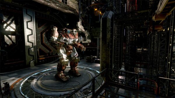 A single mech sits in a repair bay, waiting to be deployed. 
