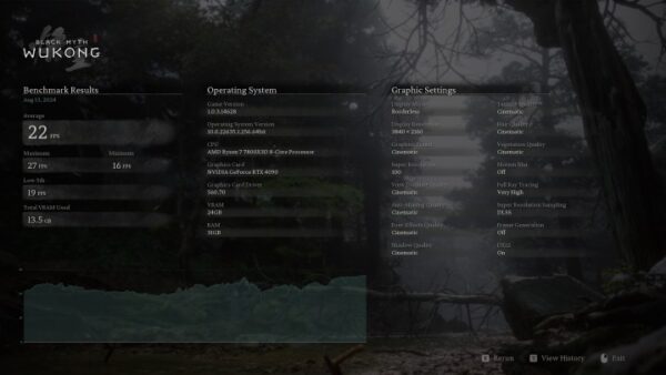 Benchmark results from Black Myth Wukong at max settings.