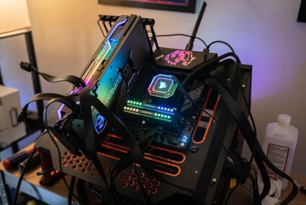 A PC test bench with DDR5 RAM installed. A PC test bench with DDR5 RAM installed.