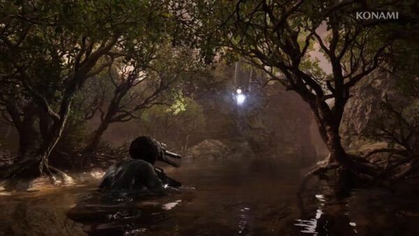 Snake wearing a alligator head in a river.