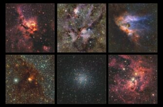 This collage highlights a small selection of regions of the Milky Way imaged as part of the most detailed infrared map ever of our galaxy. Here we see, from left to right and top to bottom: NGC 3576, NGC 6357, Messier 17, NGC 6188, Messier 22 and NGC 3603. All of them are clouds of gas and dust where stars are forming, except Messier 22, which is a very dense group of old stars.