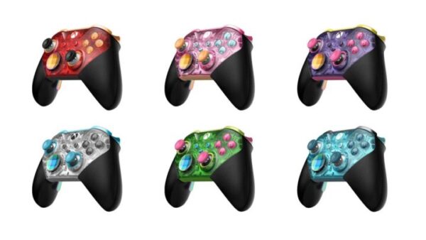 Transparent Xbox controllers appear lined up.