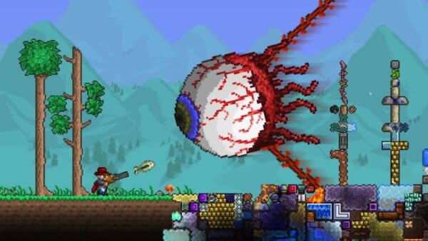 A giant eyeball boss in Terraria. A giant eyeball boss in Terraria.