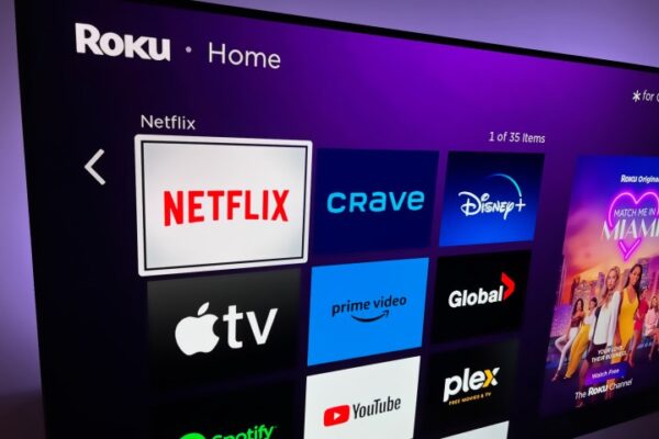 Netflix on a TV screen showing on the Roku home screen. Netflix on a TV screen showing on the Roku home screen.