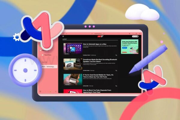 3D иллюстрация экрана с открытым браузером Arc и рядом с ним иконками для повышения продуктивности.