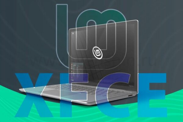 Ноутбук с Linux Mint, логотипом Mint и надписью 'XFCE'.