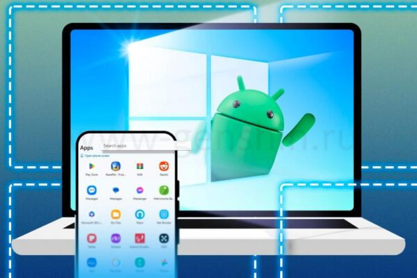 Ноутбук с логотипом Windows и маскотом Android, выходящим из него, с смартфоном, на экране которого отображаются приложения.