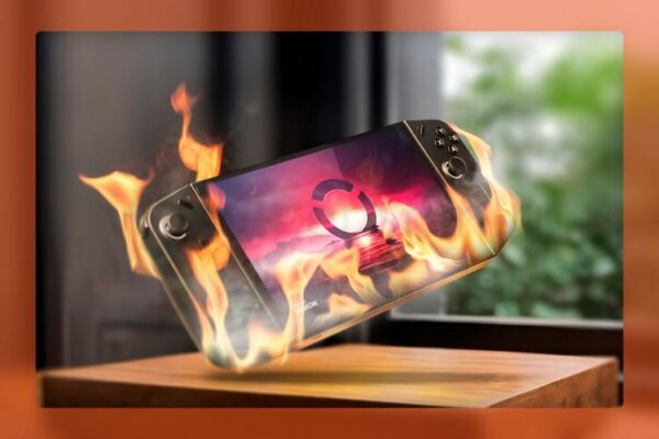 Lenovo Legion Go горит на деревянной поверхности.