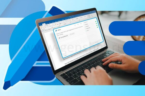 Человек печатает текст на ноутбуке с логотипом Microsoft Editor на заднем плане.