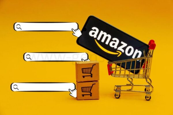 телефон с логотипом amazon в корзине с иконками поисковых строк