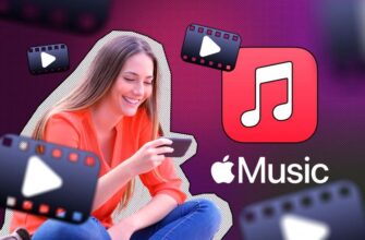 Женщина смотрит видео на своём телефоне с логотипом Apple Music рядом и значками видео вокруг.