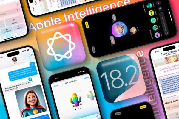 Иконка Apple Intelligence и iOS 18.2 с некоторыми функциями Apple Intelligence вокруг.