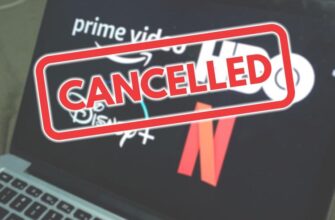 ноутбук с названиями стриминговых платформ и знаком отмены
