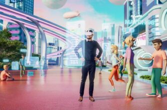 Мужчина в виртуальной реальности с шлемом на голове в 3D цифровом мире.