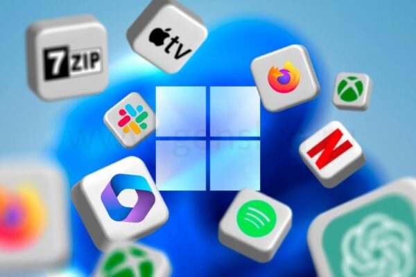 Логотип Windows 11 с несколькими приложениями вокруг него.