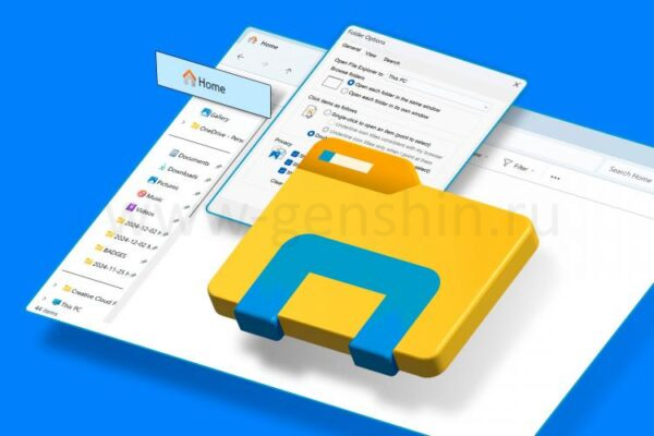 Проводник Windows выделяет папку 'Главная' с иконкой Проводника по центру.