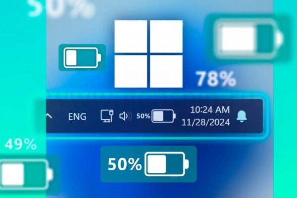 Панель задач Windows с иконкой батареи и процентом рядом с ней, логотипом Windows и несколькими иконками батарей.