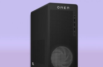Игровой настольный ПК HP OMEN 16L на фиолетовом фоне.