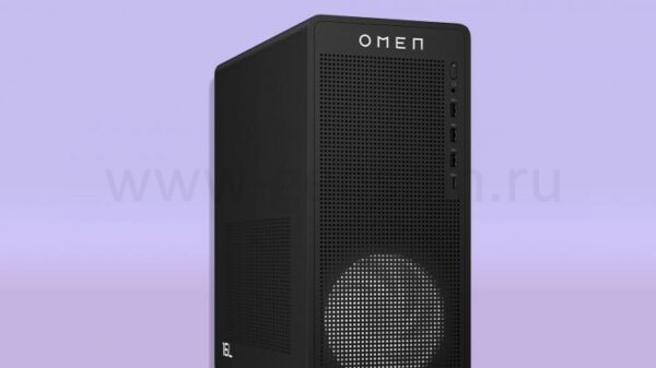 Игровой настольный ПК HP OMEN 16L на фиолетовом фоне.