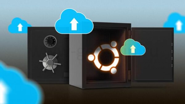 Сейф с логотипом Ubuntu внутри и иконками резервного копирования вокруг него.