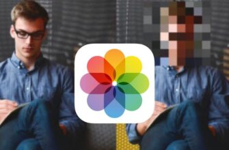 Логотип Apple Photos на пикселизированном лице до и после