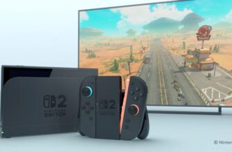 Switch 2 в док-станции, Joy-Cons от Switch 2 в руках и Mario Kart 9 на телевизоре.