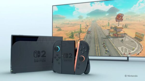 Switch 2 в док-станции, Joy-Cons от Switch 2 в руках и Mario Kart 9 на телевизоре.