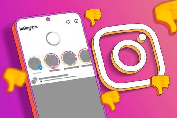 Экран главной страницы Instagram обновляется с логотипом рядом и несколькими значками с отрицательными оценками вокруг.