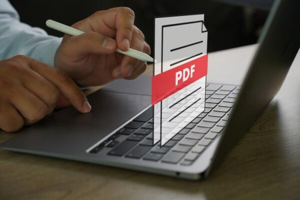Человек использует ноутбук с проекцией иконки PDF на экране