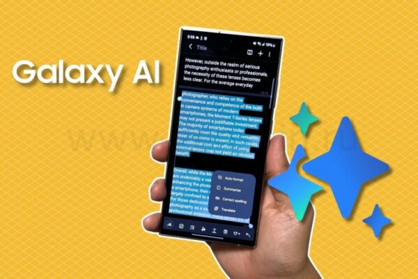 Samsung Galaxy S24 Ultra с иконкой Galaxy AI и фоном желтого градиента