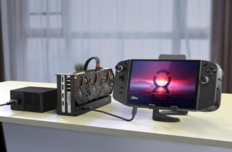 TREBLEET Thunderbolt 3 Mini eGPU Enclosure с установленной видеокартой и блоком питания, подключенный к Lenovo Legion GO.