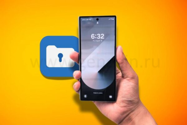 Рука держит телефон Samsung с иконкой Защищенной папки и желтым градиентным фоном