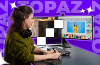 Женщина редактирует изображение на своем ПК с логотипом Topaz и искусственным интеллектом вокруг.