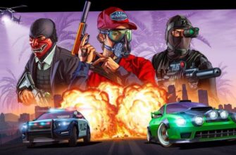 GTA Online с людьми на фоне взрывов и машин, уезжающих от них.