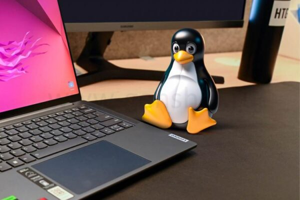 Маскот Linux на столе рядом с ноутбуком.