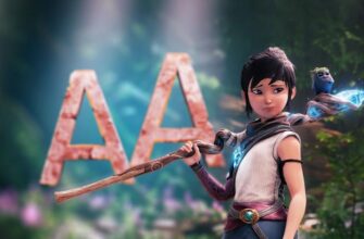 Главный герой игры 'Kena: Bridge of Spirits' с размытым изображением 'AA' на заднем фоне.
