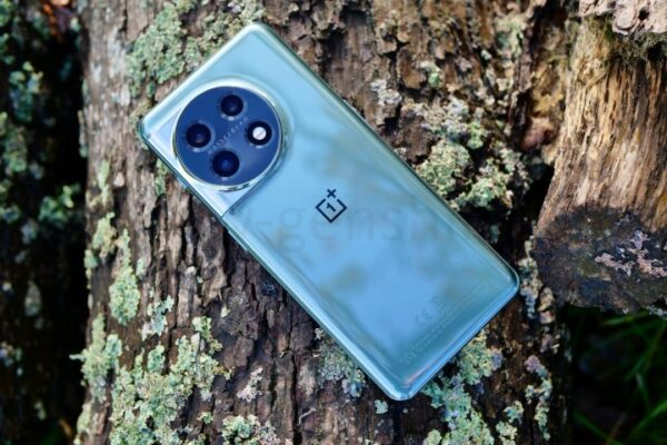 OnePlus 11 на бревне, показывающая заднюю панель.