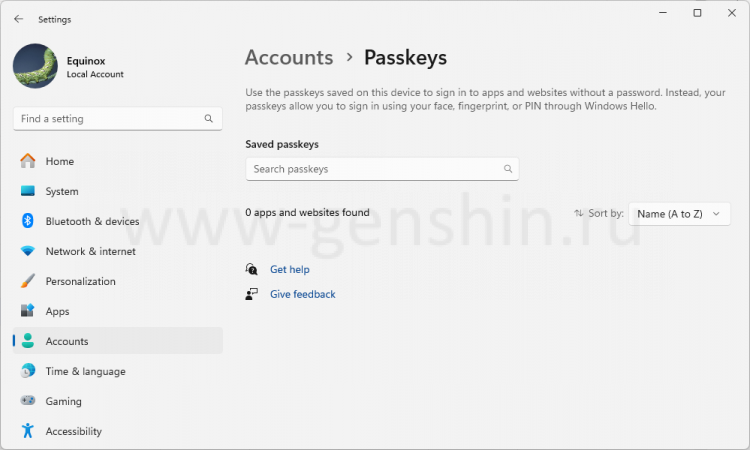 Окно настроек паролей в Windows 11.
